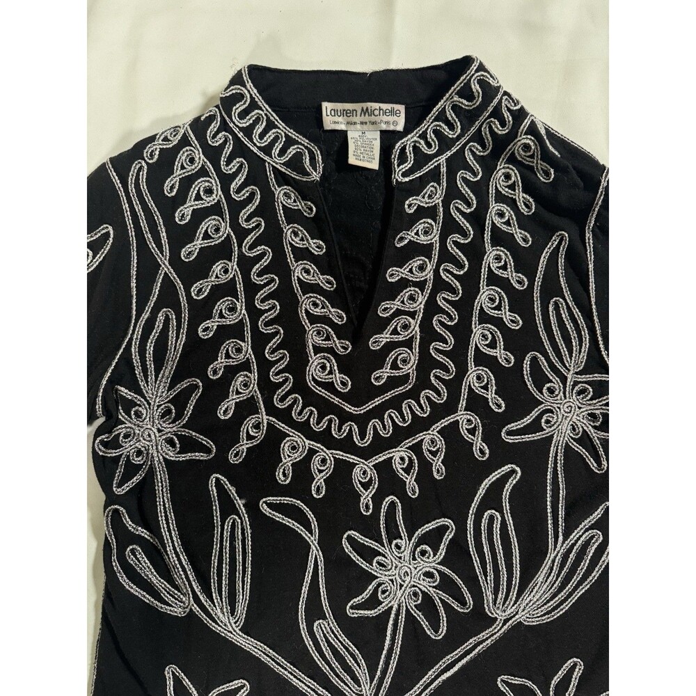 Black Metallic Embroidered Tunic Top Boho Floral Art To Wear Womens Medium Fairy - Picture 5 of 6